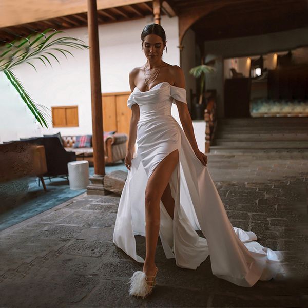 Elegante escote corazón Sirena Vestidos de novia Tren desmontable Fuera del hombro Vestido de novia con raja Satén Jardín Novia Recepción Desgaste