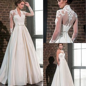 Elegante lieverd satijn trouwjurk 2020 met jas lange mouwen vloer lengte moslim bruidsjurken zakken robe de mariage