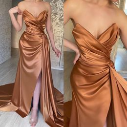 Robes de bal élégantes bronzées col en V robes de soirée plis fendus robe longue occasion spéciale