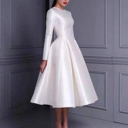 Élégant thé longueur une ligne robes de mariée manches longues blanc satin simple mariée réception robe bijou cou jardin robes de mariée 2024