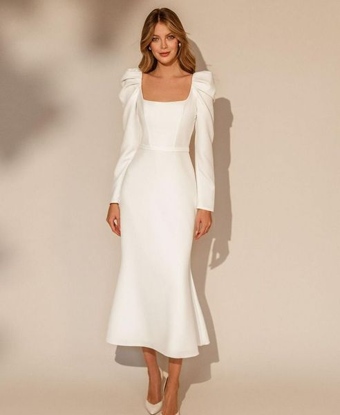 Elegantes vestidos de novia de sirena de longitud de té de manga larga Vestidos de recepción de novia de satén blanco simple Cuello cuadrado Vintage Robe De Mariage 2023