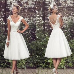 Élégant Thé Longueur Robes De Mariée Courtes Cap Manches Appliques Dentelle Robes De Mariée Tulle Col En V Court Robes De Mariée Cheap267f