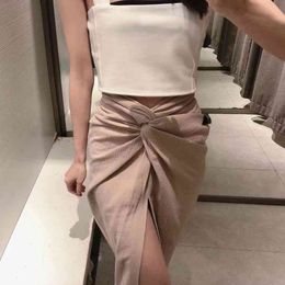 Élégant Texture noeud taille haute longue jupe solide mode avant fente bureau dame été mince printemps Midi femme vêtements 210521