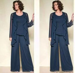 Elegante drie stukken Moeder van de bruid broek pakken juweel nek kralen bruiloft gasten jurk plus size Goedkope moeders bruidegom jurken