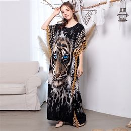 Elegante Tiger Gedrukt Long Dreen Plus Size Dames Zomer Tassel Batwing Sleeve jurk Strand Wear Long Robe de Plage A925 220510