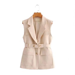 Elegante tooling stijl vrouwen mode effen kleur single-breasted riem vest jas vintage mouwloze bovenkleding vrouwelijke chique top 210520
