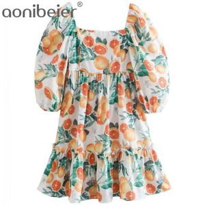 Elegantes vestidos sueltos con estampado de frutas tropicales para mujer, vestido plisado con hombros descubiertos, globo corto para mujer, vacaciones 210604