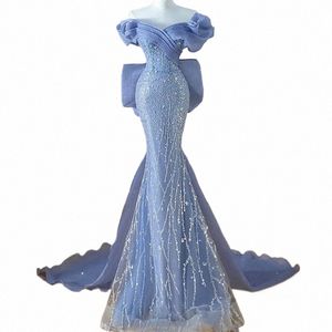 Elegante Trompet Blauw Formele Avond Dr Vrouwen Kralen Party Dres Prachtige Trein Boog Prom Gown Slim Fit Vestido K6KJ #