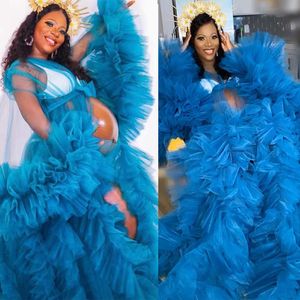 Elegante tule Blue Maternity Prom Dresses Plus Size See Through Puffy Sleeve Fluffy Tulle Bruids Avondjurk