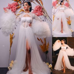 Elegante tule moederschap prom jurken hoge nek split fotoshoot sexy bruids pluizig gewaad volledige lengte lange badjas verjaardag jurken