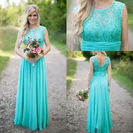 Elegante vestido de dama de honor de gasa turquesa con cuello de encaje ilusión y top con cuentas vestidos largos de fiesta de boda de talla grande BM3057