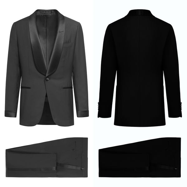 Elegante Dos Piezas De Esmoquin De Boda Trajes De Hombre Color Sólido Moda Shatin Mantón Chaqueta De Solapa Bolsillos Personalizados Abrigo De Novio Pantalones Regulares Formal