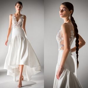 Elegant uniek ontwerp A-Line prom-jurken V-hals mouwloze bloemaanvraag Hoge taille Backless Zipper Hi-Lo Plus Maat op maat gemaakte feestjurk Vestido de Noite