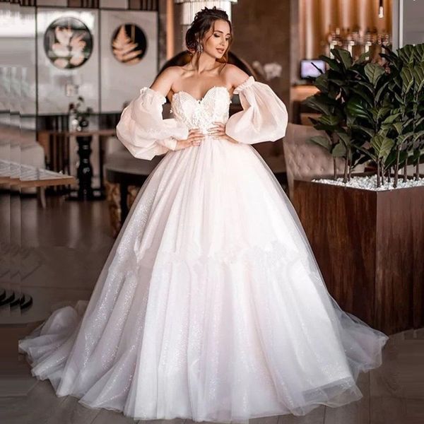 Vestido de bola elegante con cuello en V apliques de la boda de tul de las mangas de encaje largo de tul Robe de Mariee Imágenes reales