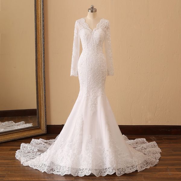 Elegante cuello en V Sirena Vestido de novia Apliques Tul Mangas largas de encaje Vestido de novia Robe De Mariee Imágenes reales