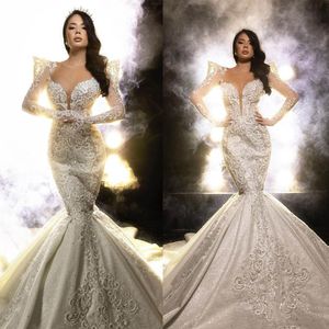 Elegante V -nek zeemeermin trouwjurken vintage kanten kralen bruidsjurken op maat gemaakte jurk met volle mouw Vestido de novia