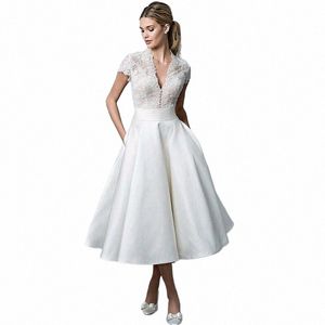 Elegante V-hals Korte Bruiloft Jurk Voor Vrouwen 2024 Cap Mouw Thee-lengte Vintage Kant Applique Bruidsjurk Vestidos De novia 66E8 #