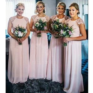 Nieuwe Collectie Roze Kant Cap Mouw Vintage Bruidsmeisjes Jurken Chiffon Zeemeermin Partyjurken Vestido de Festa