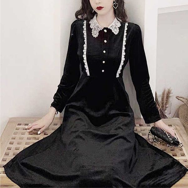 Élégant velours noir longue robe de fée dentelle française femmes manches coréen hiver dame fête de mariage goth 210604