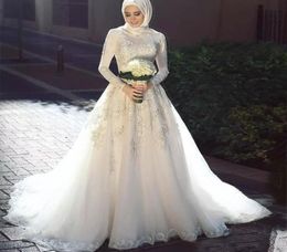 Élégant vestido de noiva 2019 manches longues élégantes robes de mariée musulmane haut cou