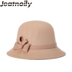 Elegante Vintage Baksteen Rode Cloche Hat 100% Wol Vilt Zwart Fedoras Bowknot Herfst Winter Bowler Hoeden voor Vrouwen