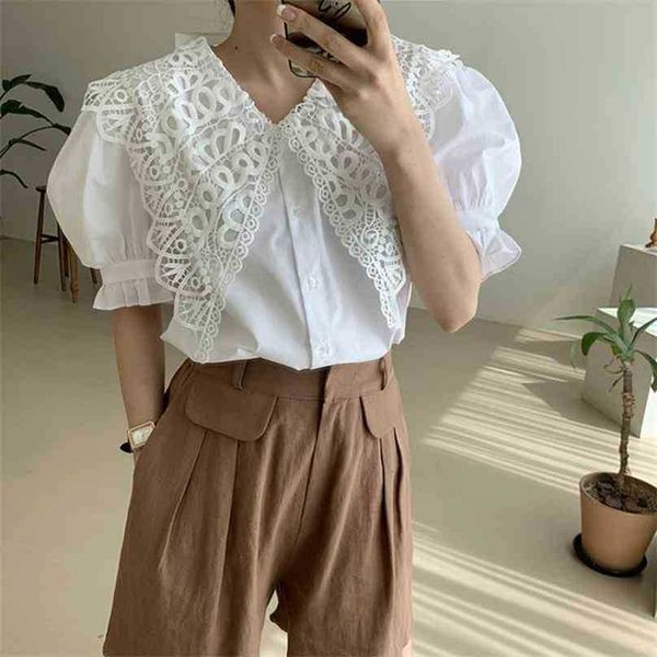 Élégant Vintage Dentelle Revers Blanc Blouses Femmes Été Style Coréen Manches Bouffantes Tops Chemise Femme Blusas 210525