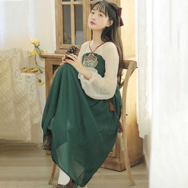 Vestido de hada de manga larga Vintage elegante estilo chino bordado mujer diseñador Midi coreano señora fiesta 210604
