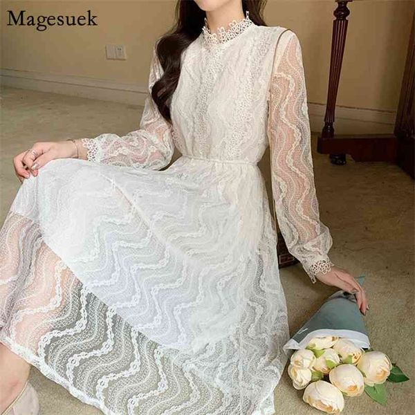 Élégant Vintage Robe en dentelle blanche Empire Bodycon Mid Femmes Crochet Floral Long es pour les robes de fête 12333 210512