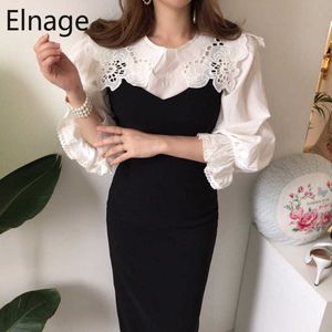 Elegante vintage vrouwen twee stukken set witte holle uithemden zwarte mouwloze maxi sexy jurk schede plus size lente mode 210610