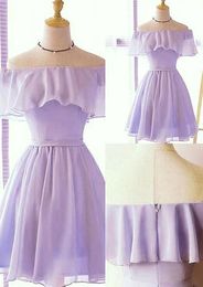 Elegante Violet Chiffon Korte feestjurken Een lijn van schouder Backless Mini Bridesmaids Dresses Tieners Homecoming Graduation Jurns BC18647