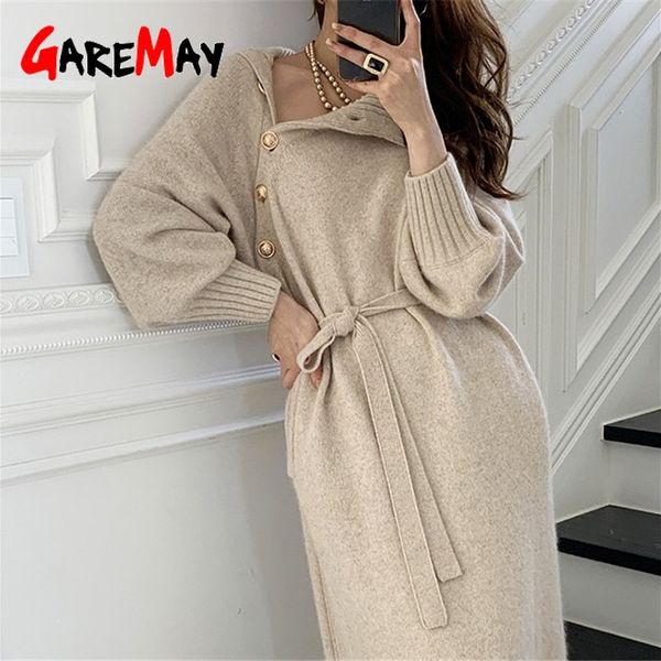 Robe d'hiver élégante et chaude pour femmes, décontractée, beige, pulls amples, surdimensionnés, noirs, côtelés, manches longues, 210428