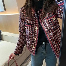 Elegant Weave Plaid Vrouwen Blazer Pocket Plus Fluwelen Winter Causale Tweed Jas Kantoor Dames Jasje 231229