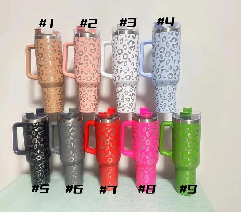 40oz leopard holographique en acier inoxydable gobelers tasses avec couvercles de poignée et paille de voyage en plein air tasse de bière isolation de voyage à vide bouteille d'eau 1011