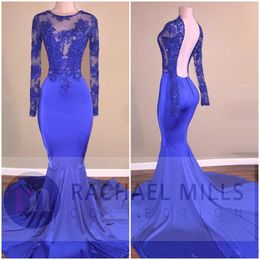 Royal Blue Prom Dresses Afrikaanse Formele Avondjurken Applicaties Sequined Mermaid Lange Mouw Feestjurk Sexy Bakcless