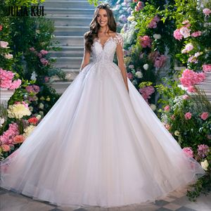 Elegante trouwjurk 2023 Chique tule volledige mouwen kralen parels Appliques v-hals bruid jurken illusie terug vestidos de noiva robe de mariiee