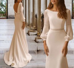 Robe De mariée élégante 2023 à manches longues encolure dégagée en mousseline De soie Satin dentelle Hall dos ouvert robes De mariée Robe De mariée civile pour les femmes