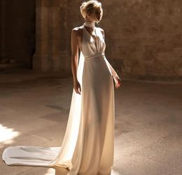 Robe De mariée élégante avec châle, sans manches, col en V, col licou, élastique, en Satin, style Boho, robes de soirée, 2024