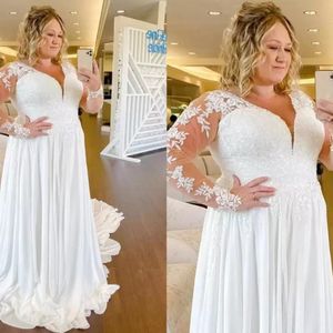 Robe De Mariée Élégante Plus La Taille En Mousseline De Soie À Manches Longues En Dentelle Appliques Col En V Robes De Mariée Simple Grande Taille Pour Les Femmes Pays Robes De Mariage