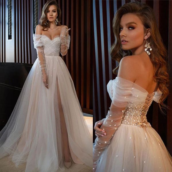 Robe de mariée élégante Sexy Split Side Dots Tulle manches longues 2022 Off épaule robes de mariée Plus