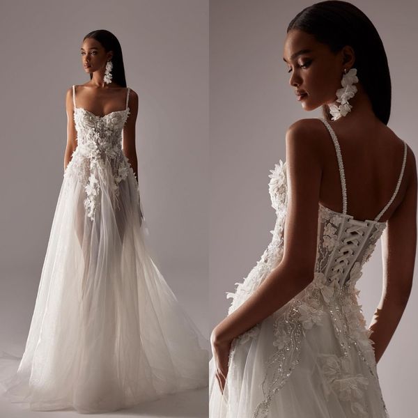 Robes de mariée élégantes avec des appliques florales 3D, bretelles Spaghetti, transparentes, à lacets, sur mesure, grande taille