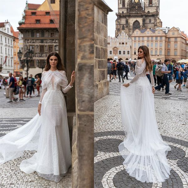 Vestidos De Novia elegantes una línea Apliques De encaje ilusión nupcial desmontable Halter Sweep Train vestido hecho a medida Vestidos De Novia