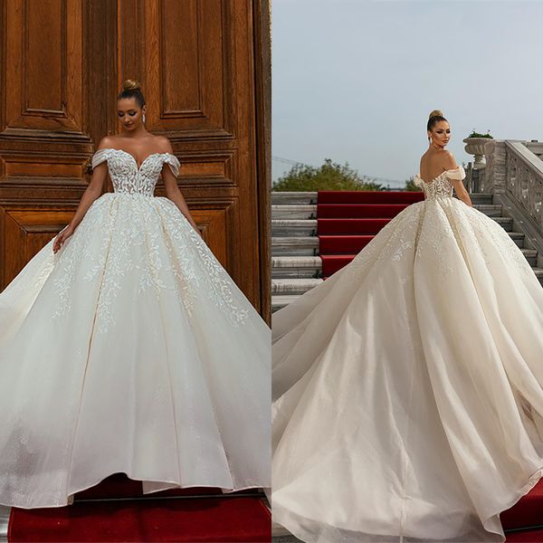 Vestidos de Novia elegantes de encaje, vestidos de Novia modernos con hombros descubiertos, tren de barrido, Vestidos De Novia de talla grande hechos a medida