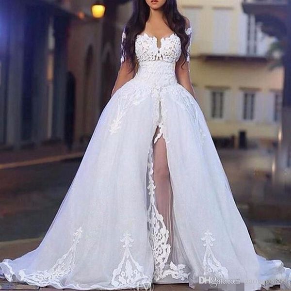 Vestidos de novia elegantes con sobrefalda y hombros descubiertos, vestidos de novia de encaje de manga larga con tren desmontable310T