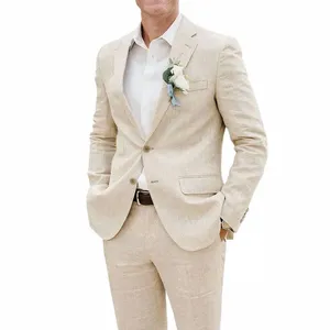 Costumes de mariage élégants pour hommes 2 pièces Beige Notch revers Blazer en lin Ensemble Fi Groom Meilleur homme Tuxedo Slim Casual Beach Suit n4FV #