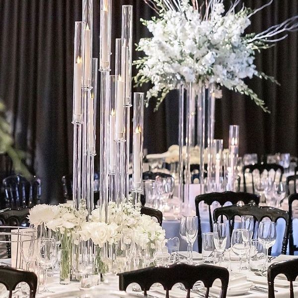 Utilisation de mariage élégant candélabre en cristal pas cher grand table en acrylique transparent porte-bougie décorative pour les mariages en gros senyu647