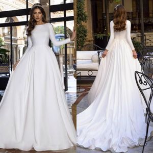Élégant blanc une ligne robes de mariée bijou cou à manches longues jupe plissée jardin robe de mariée sur mesure robe de mariée bohème