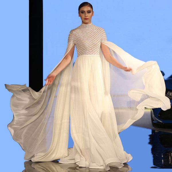 Elegantes vestidos de noche blancos de línea A con cuello alto, manga larga, lentejuelas y cuentas, vestidos musulmanes de graduación para celebridades