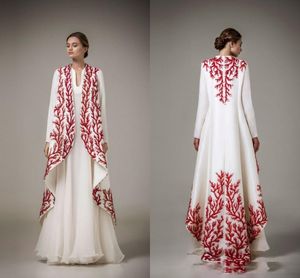 Élégant blanc et rouge appliques robes de soirée Ashi Studio 2020-2021 à manches longues une ligne robes de bal tenue de soirée femmes Cape robes de soirée