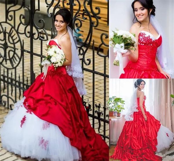 Elegante vestido de novia blanco y rojo Vestido de fiesta de satén y tul con pliegues Vestidos de novia Apliques de encaje Con cuentas Vestido nupcial largo vintage De Mariee con cordones Vestido de talla grande