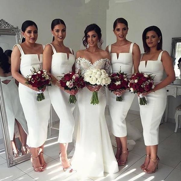 Elegantes vestidos de dama de honor blancos hasta el tobillo Vaina Correas espaguetis Sin espalda Corto Dama de honor Vestidos de fiesta para invitados de boda Formal 329 329